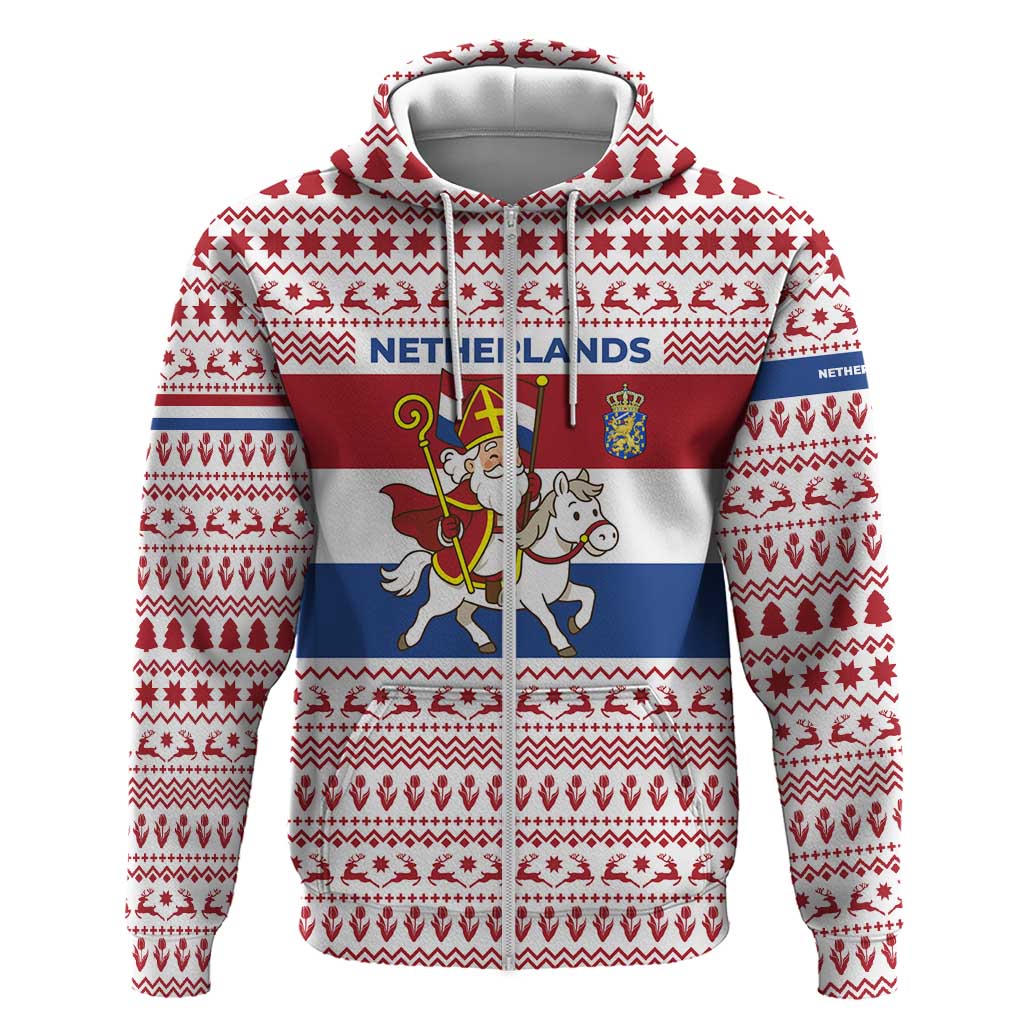 Netherlands Christmas Zip Hoodie with Sinterklaas Horse Dutch Flag and Festive Knit Pattern - Wonder Print Shop