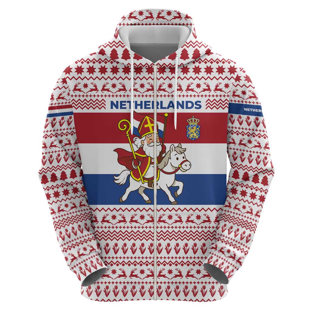 Netherlands Christmas Zip Hoodie with Sinterklaas Horse Dutch Flag and Festive Knit Pattern - Wonder Print Shop