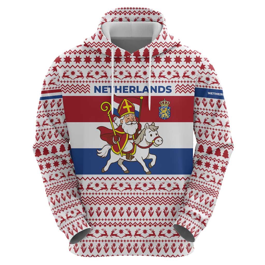 Netherlands Christmas Zip Hoodie with Sinterklaas Horse Dutch Flag and Festive Knit Pattern - Wonder Print Shop