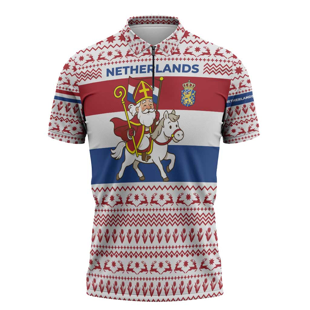 Netherlands Christmas Zipper Polo Shirt with Sinterklaas Horse Dutch Flag and Festive Knit Pattern - Wonder Print Shop