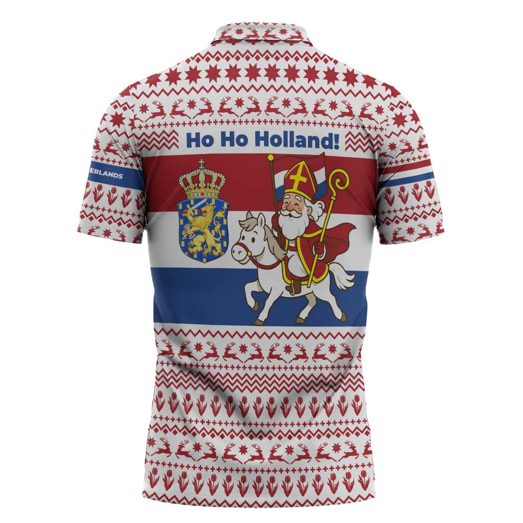 Netherlands Christmas Zipper Polo Shirt with Sinterklaas Horse Dutch Flag and Festive Knit Pattern - Wonder Print Shop