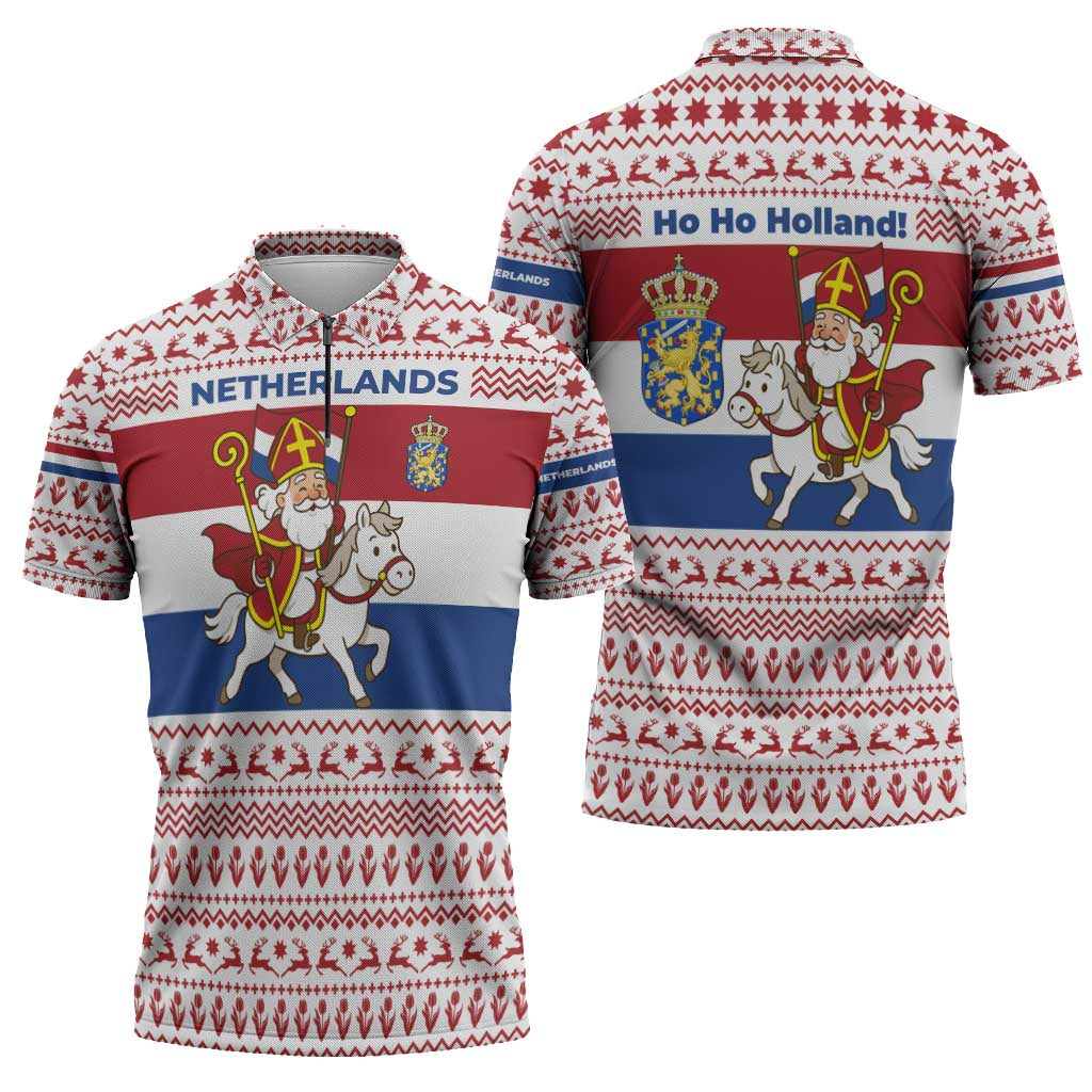 Netherlands Christmas Zipper Polo Shirt with Sinterklaas Horse Dutch Flag and Festive Knit Pattern - Wonder Print Shop