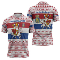 Netherlands Christmas Zipper Polo Shirt with Sinterklaas Horse Dutch Flag and Festive Knit Pattern - Wonder Print Shop