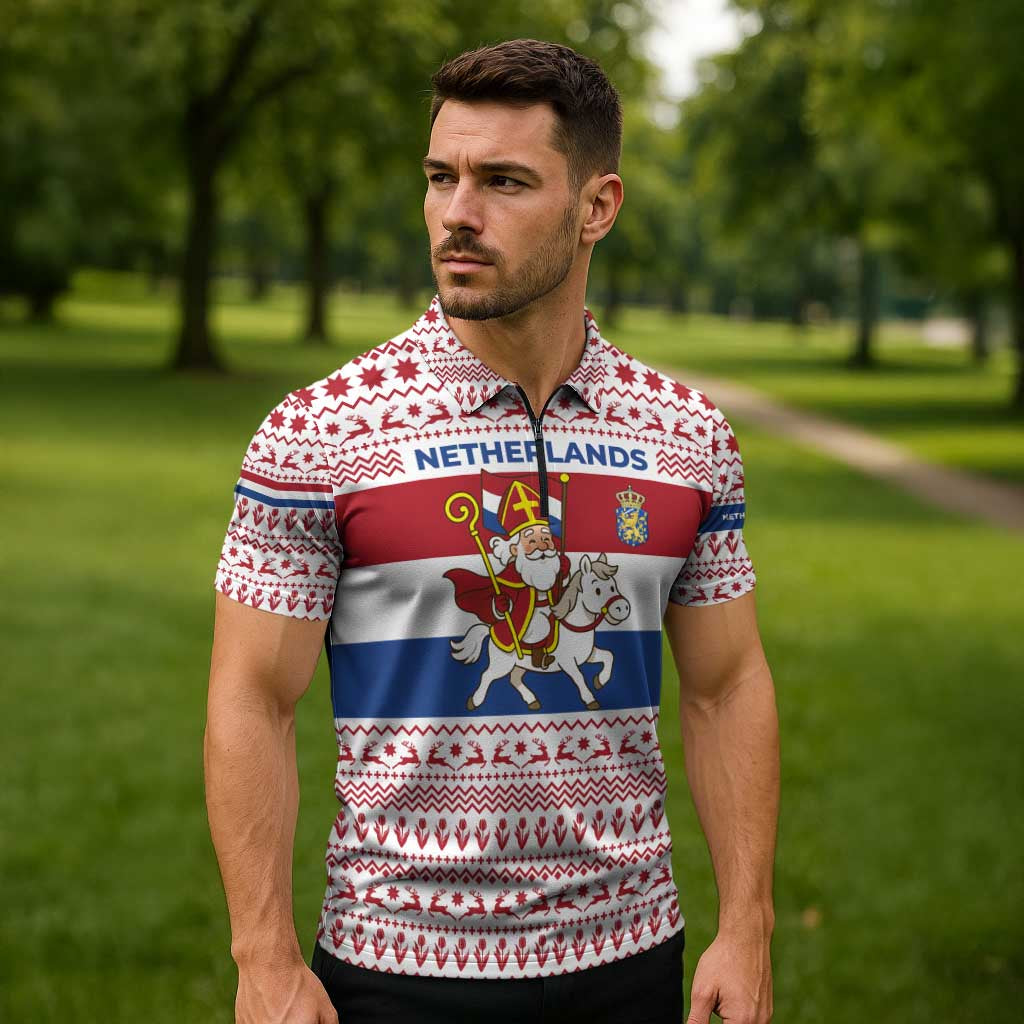 Netherlands Christmas Zipper Polo Shirt with Sinterklaas Horse Dutch Flag and Festive Knit Pattern - Wonder Print Shop