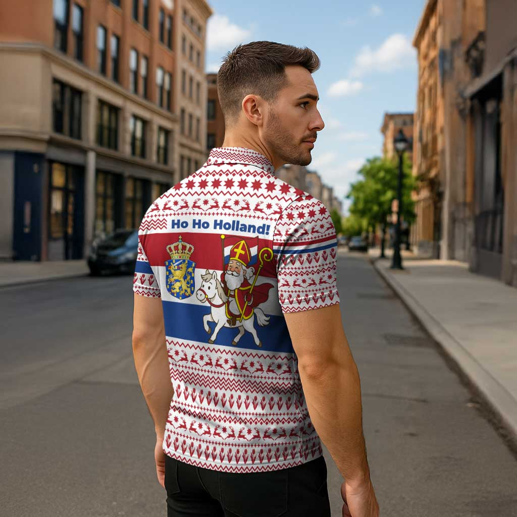 Netherlands Christmas Zipper Polo Shirt with Sinterklaas Horse Dutch Flag and Festive Knit Pattern - Wonder Print Shop