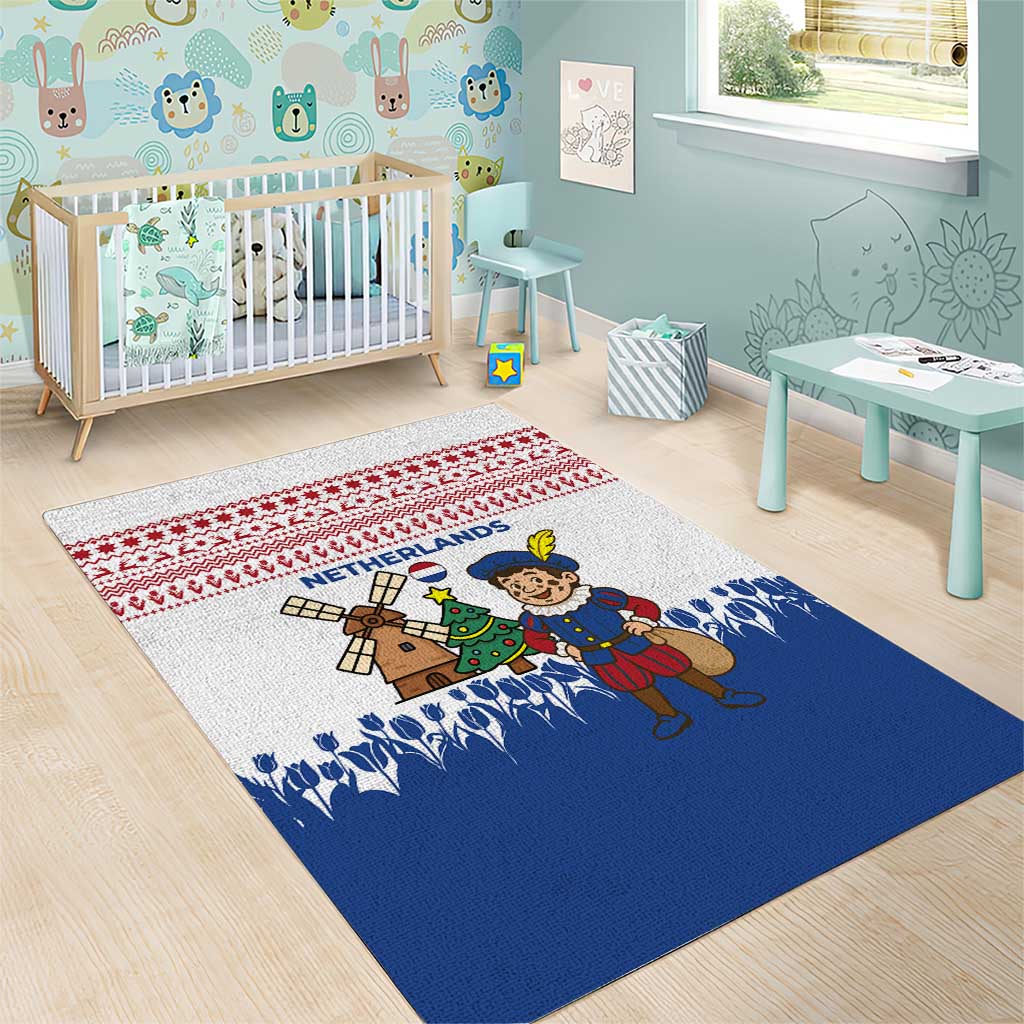 Netherlands Christmas Area Rug with Christmas Tree Windmill Piet Character and Tulip Pattern - Wonder Print Shop