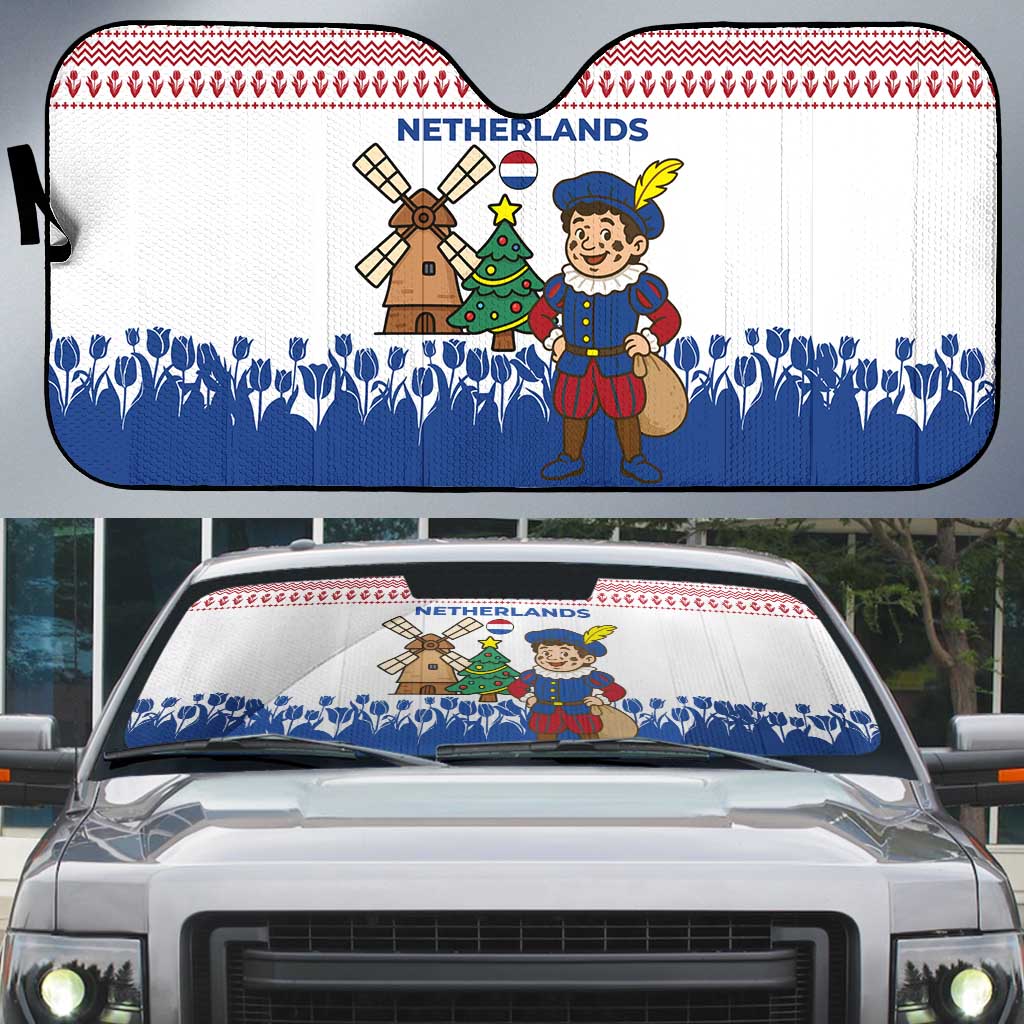 Netherlands Christmas Auto Sun Shade with Christmas Tree Windmill Piet Character and Tulip Pattern - Wonder Print Shop
