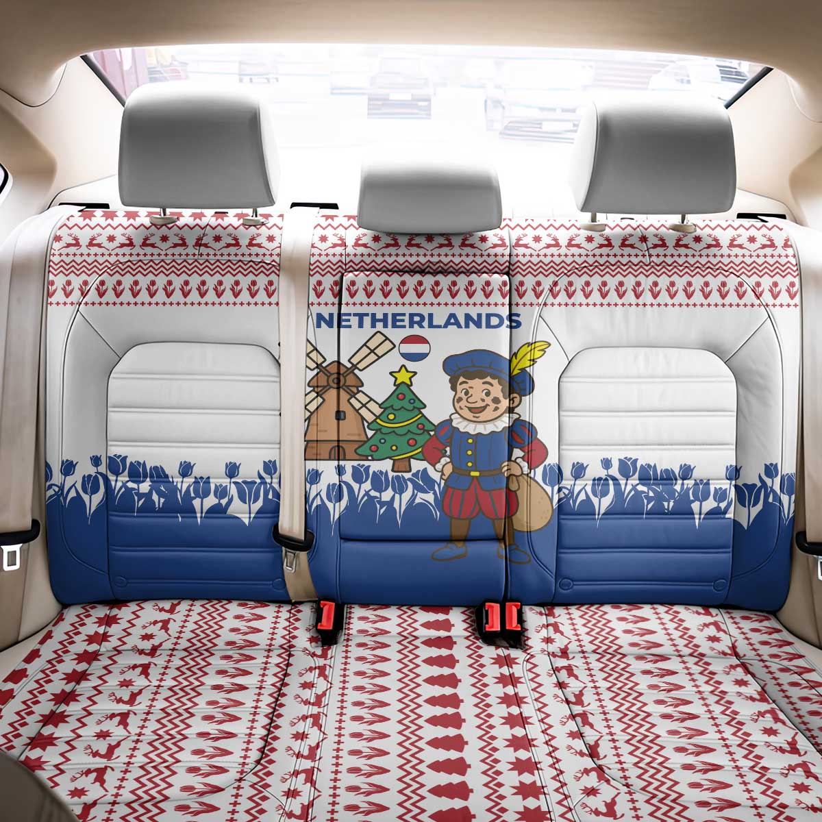 Netherlands Christmas Back Car Seat Cover with Christmas Tree Windmill Piet Character and Tulip Pattern - Wonder Print Shop
