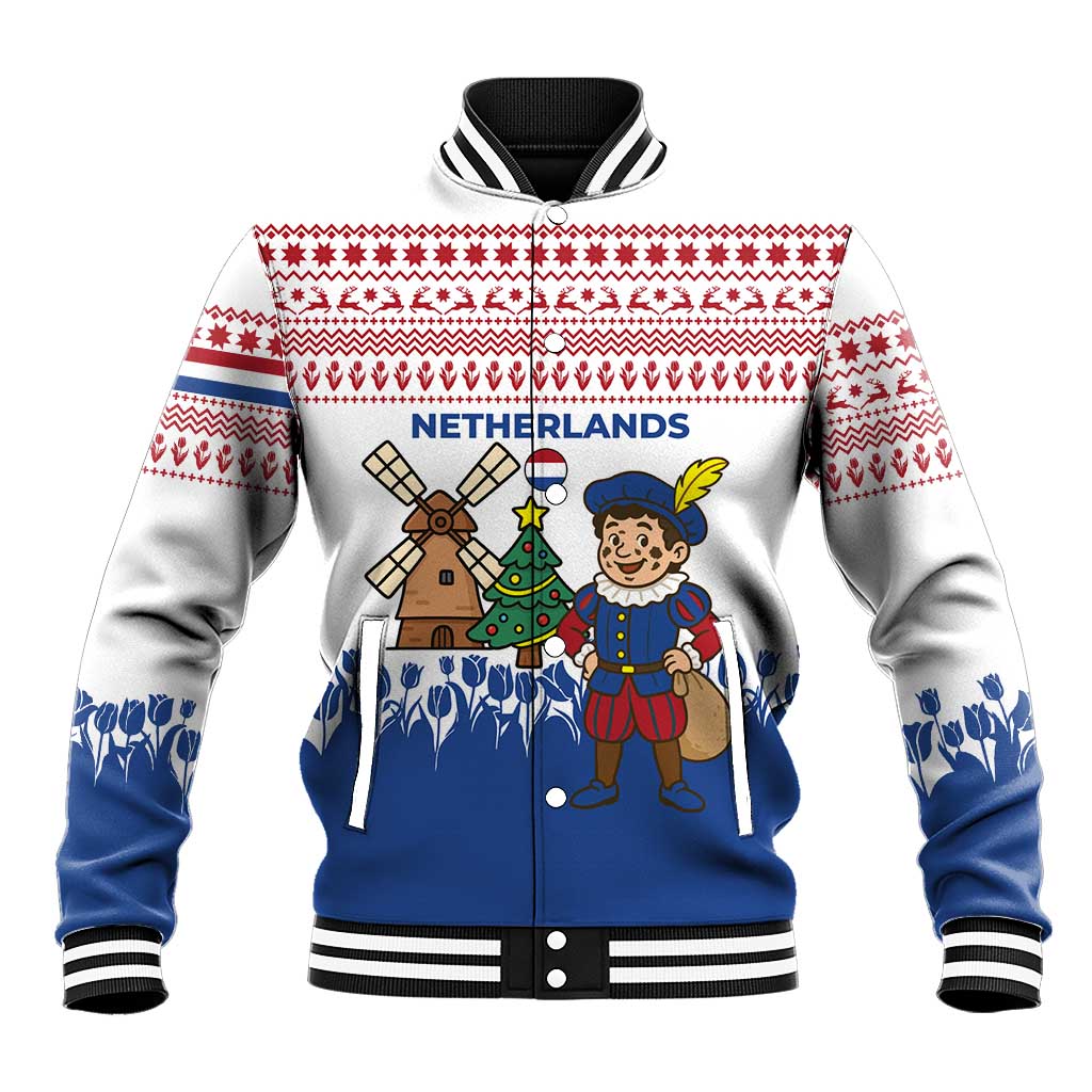 Netherlands Christmas Baseball Jacket with Christmas Tree Windmill Piet Character and Tulip Pattern - Wonder Print Shop