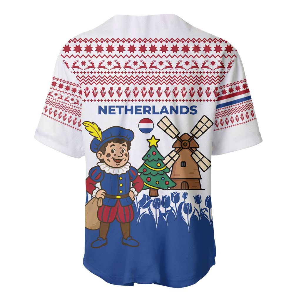 Netherlands Christmas Baseball Jersey with Christmas Tree Windmill Piet Character and Tulip Pattern - Wonder Print Shop