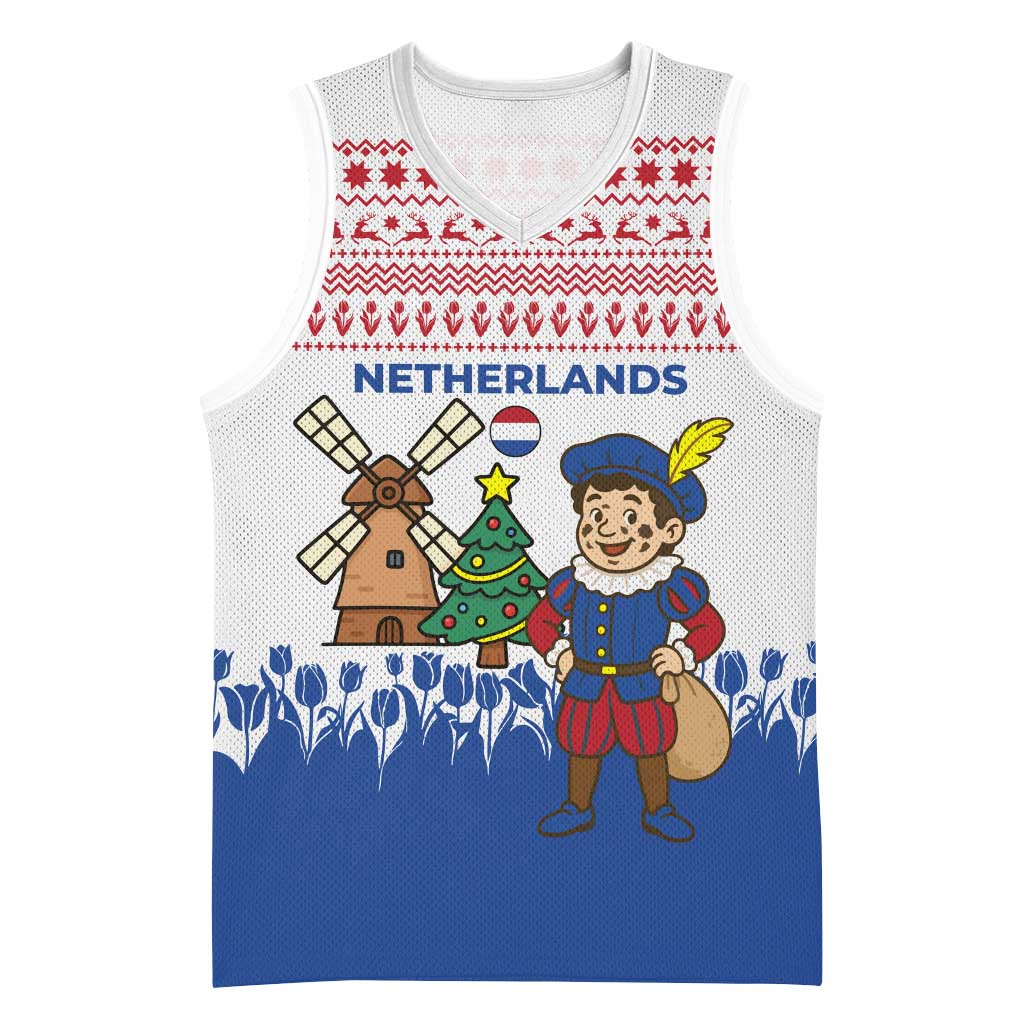 Netherlands Christmas Basketball Jersey with Christmas Tree Windmill Piet Character and Tulip Pattern - Wonder Print Shop