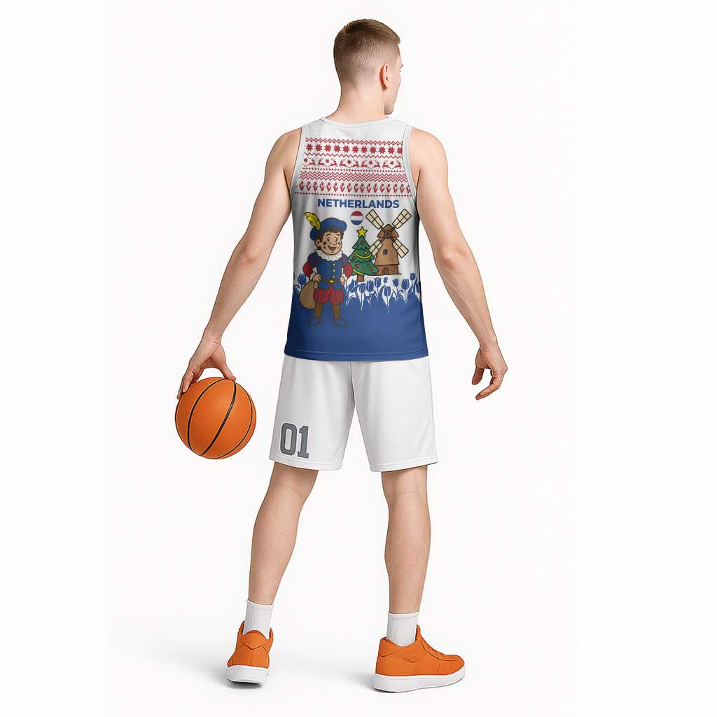 Netherlands Christmas Basketball Jersey with Christmas Tree Windmill Piet Character and Tulip Pattern - Wonder Print Shop