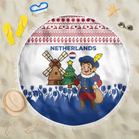 Netherlands Christmas Beach Blanket with Christmas Tree Windmill Piet Character and Tulip Pattern - Wonder Print Shop