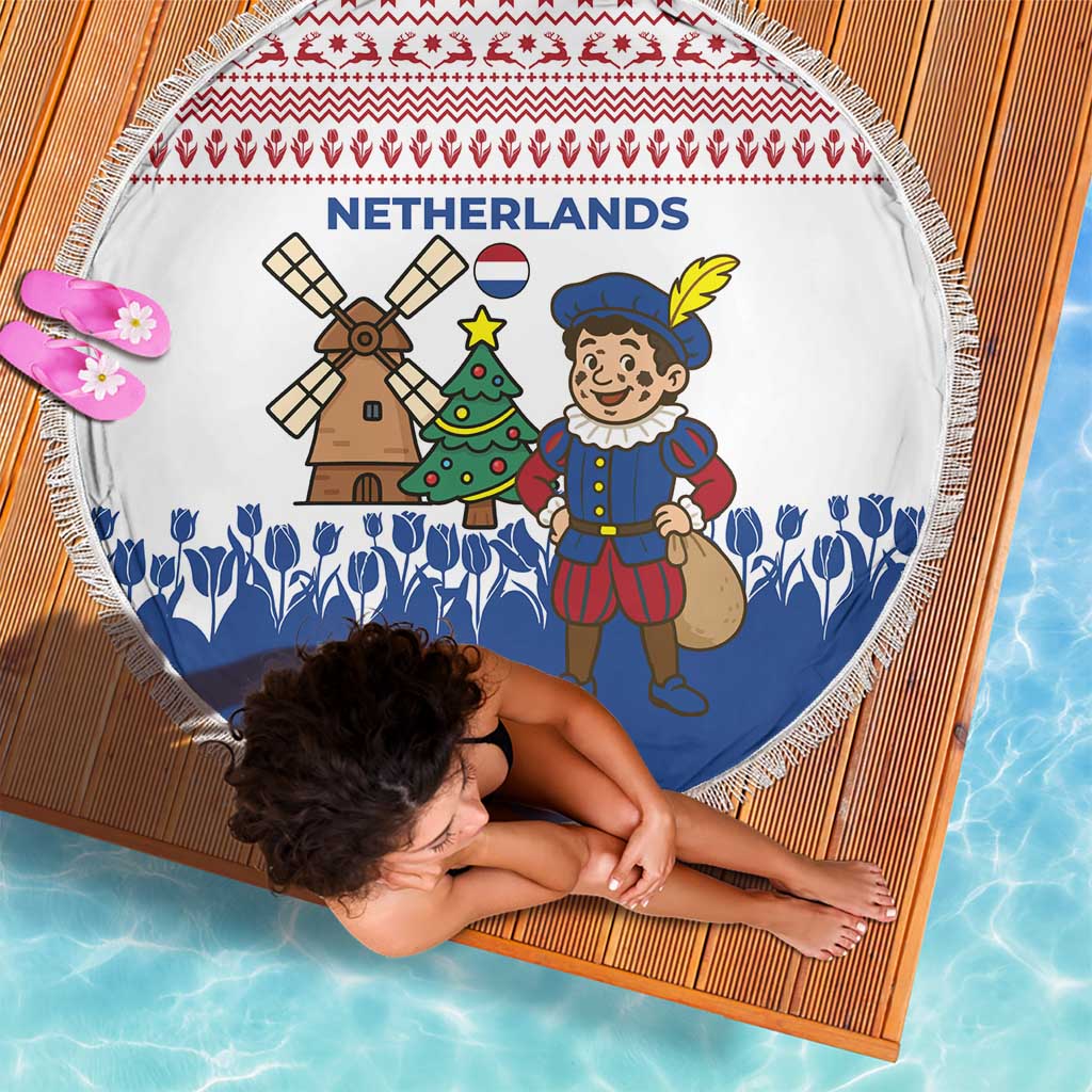 Netherlands Christmas Beach Blanket with Christmas Tree Windmill Piet Character and Tulip Pattern - Wonder Print Shop