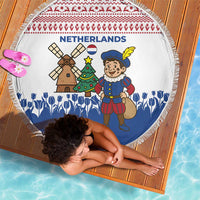 Netherlands Christmas Beach Blanket with Christmas Tree Windmill Piet Character and Tulip Pattern - Wonder Print Shop