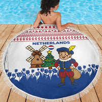 Netherlands Christmas Beach Blanket with Christmas Tree Windmill Piet Character and Tulip Pattern - Wonder Print Shop