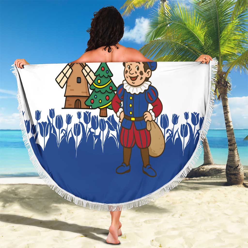 Netherlands Christmas Beach Blanket with Christmas Tree Windmill Piet Character and Tulip Pattern - Wonder Print Shop