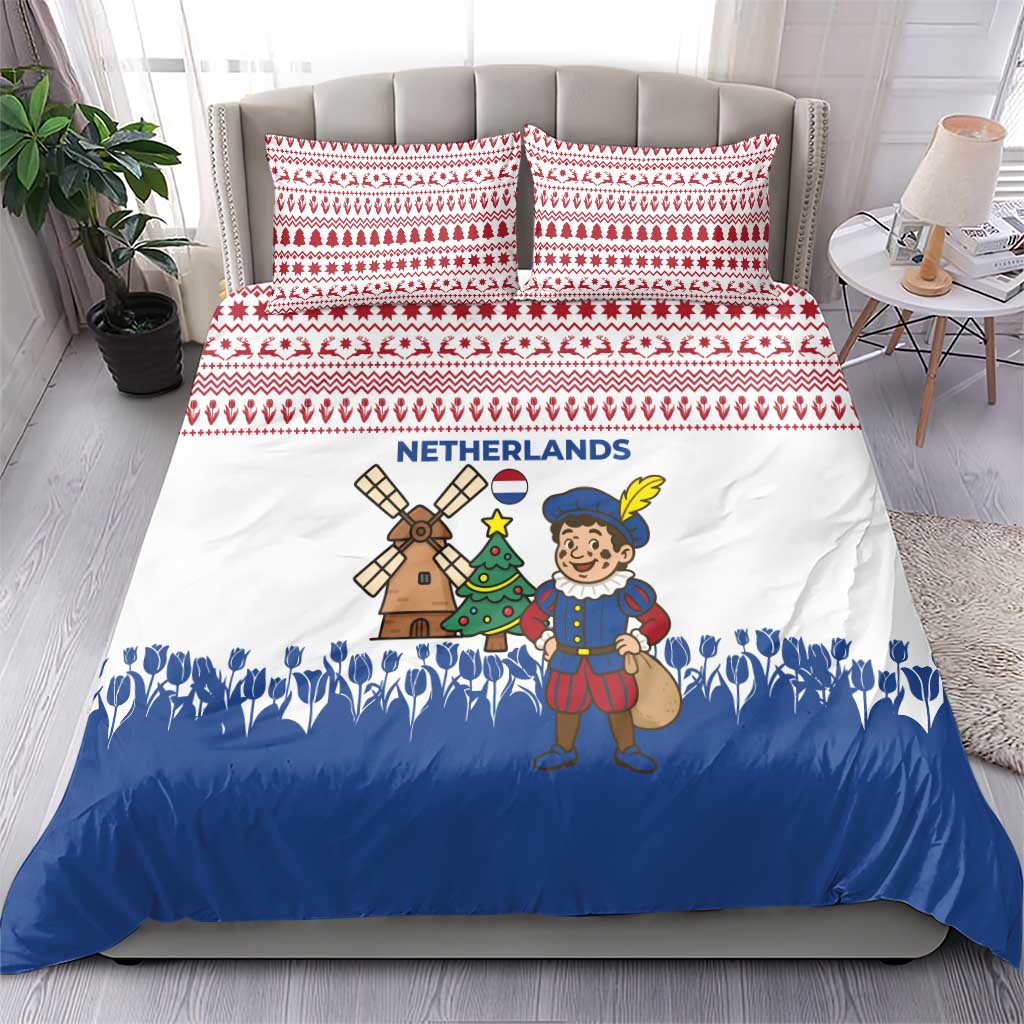 Netherlands Christmas Bedding Set with Christmas Tree Windmill Piet Character and Tulip Pattern - Wonder Print Shop