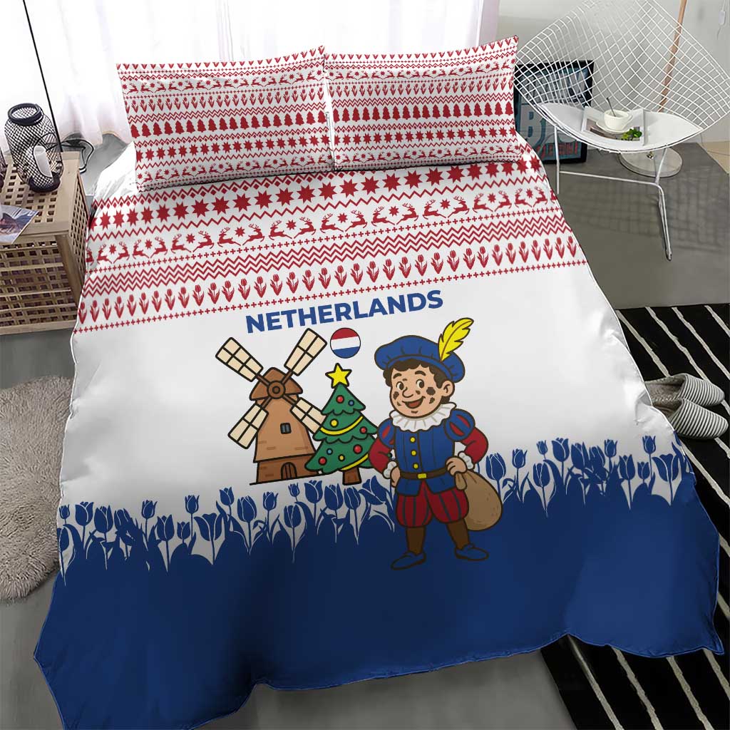 Netherlands Christmas Bedding Set with Christmas Tree Windmill Piet Character and Tulip Pattern - Wonder Print Shop