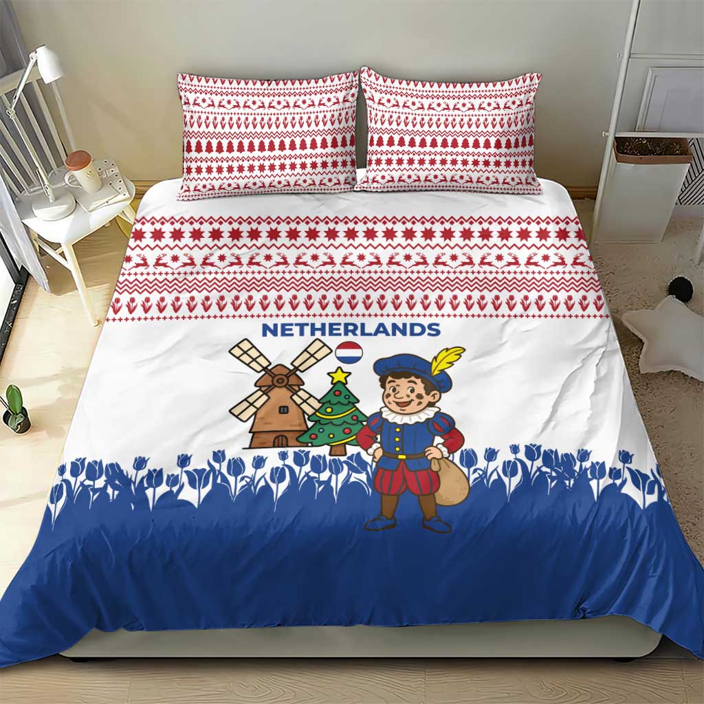 Netherlands Christmas Bedding Set with Christmas Tree Windmill Piet Character and Tulip Pattern - Wonder Print Shop