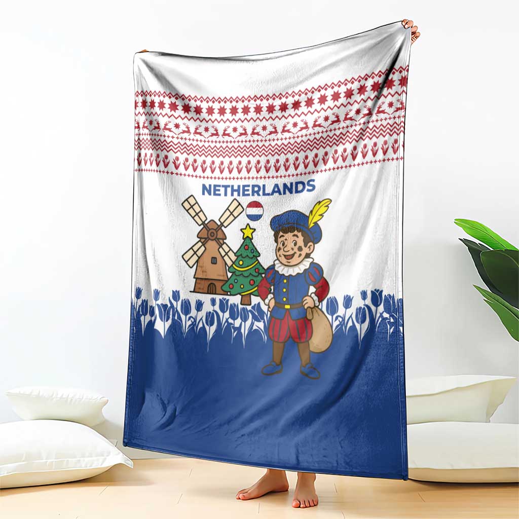 Netherlands Christmas Blanket with Christmas Tree Windmill Piet Character and Tulip Pattern - Wonder Print Shop