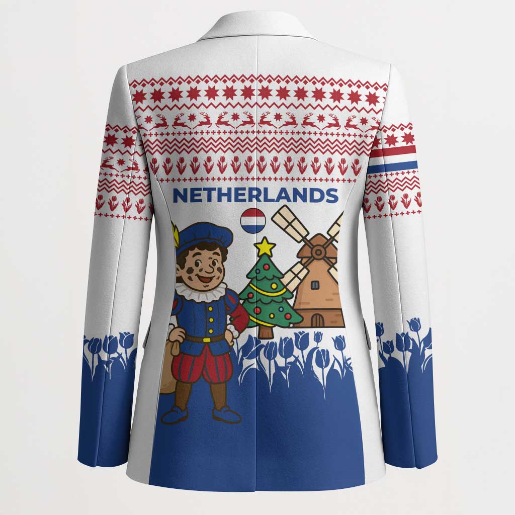 Netherlands Christmas Blazer with Christmas Tree Windmill Piet Character and Tulip Pattern - Wonder Print Shop