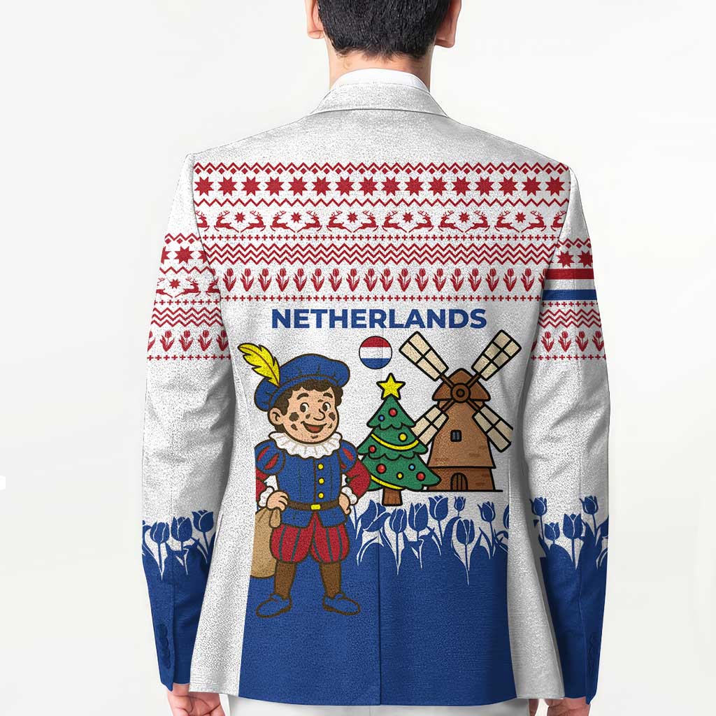 Netherlands Christmas Blazer with Christmas Tree Windmill Piet Character and Tulip Pattern - Wonder Print Shop