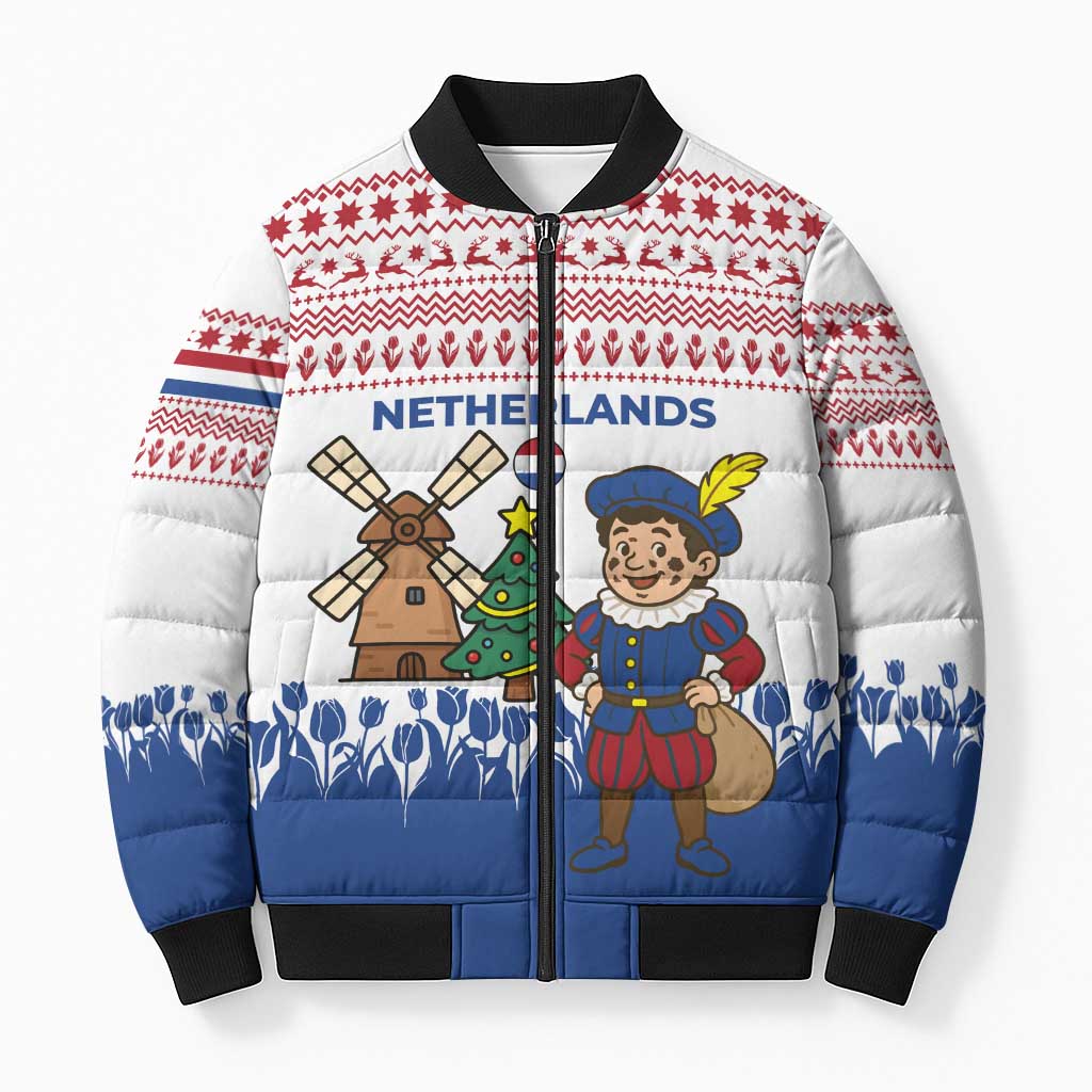 Netherlands Christmas Bomber Puffer Jacket with Christmas Tree Windmill Piet Character and Tulip Pattern - Wonder Print Shop