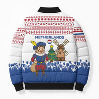 Netherlands Christmas Bomber Puffer Jacket with Christmas Tree Windmill Piet Character and Tulip Pattern - Wonder Print Shop