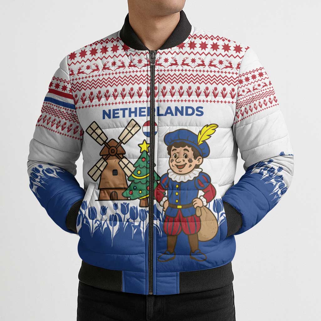 Netherlands Christmas Bomber Puffer Jacket with Christmas Tree Windmill Piet Character and Tulip Pattern - Wonder Print Shop