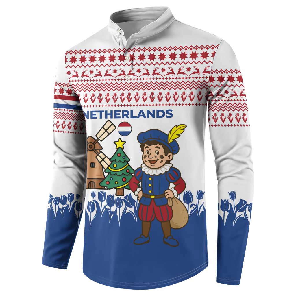 Netherlands Christmas Button Sweatshirt with Christmas Tree Windmill Piet Character and Tulip Pattern - Wonder Print Shop