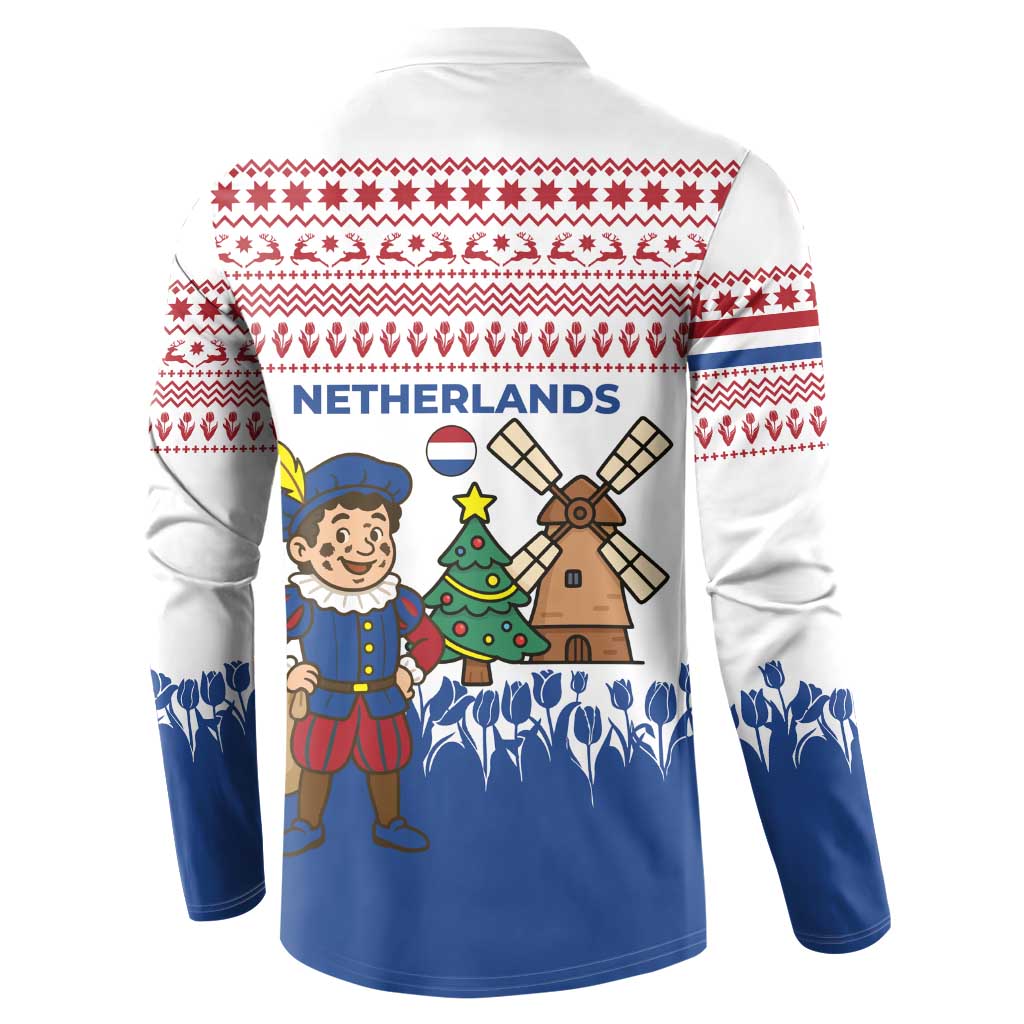 Netherlands Christmas Button Sweatshirt with Christmas Tree Windmill Piet Character and Tulip Pattern - Wonder Print Shop