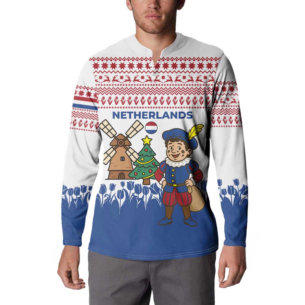 Netherlands Christmas Button Sweatshirt with Christmas Tree Windmill Piet Character and Tulip Pattern - Wonder Print Shop