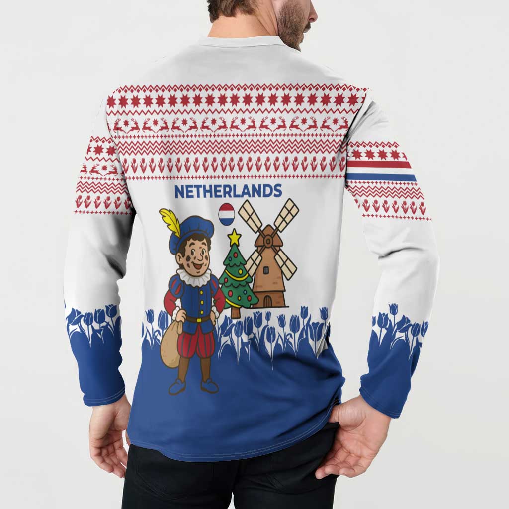 Netherlands Christmas Button Sweatshirt with Christmas Tree Windmill Piet Character and Tulip Pattern - Wonder Print Shop
