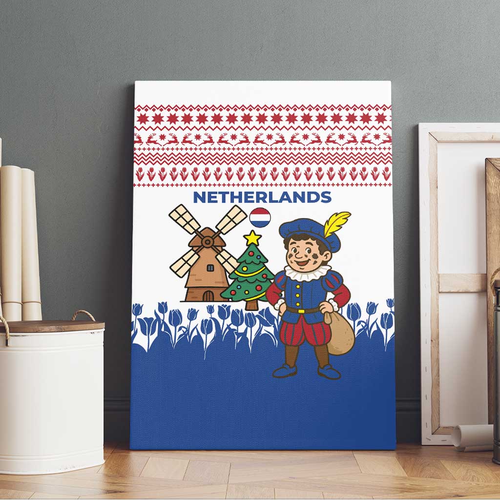 Netherlands Christmas Canvas Wall Art with Christmas Tree Windmill Piet Character and Tulip Pattern - Wonder Print Shop