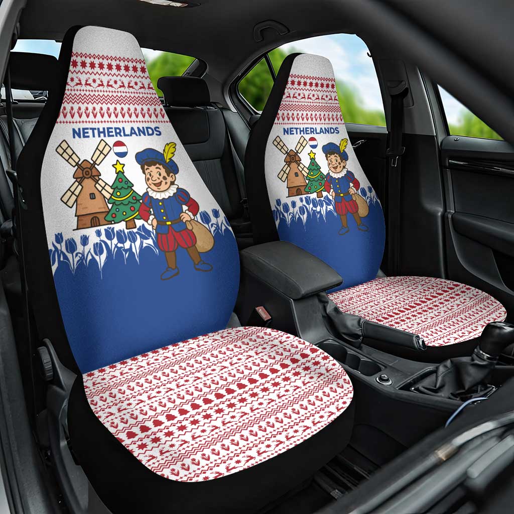 Netherlands Christmas Car Seat Cover with Christmas Tree Windmill Piet Character and Tulip Pattern - Wonder Print Shop