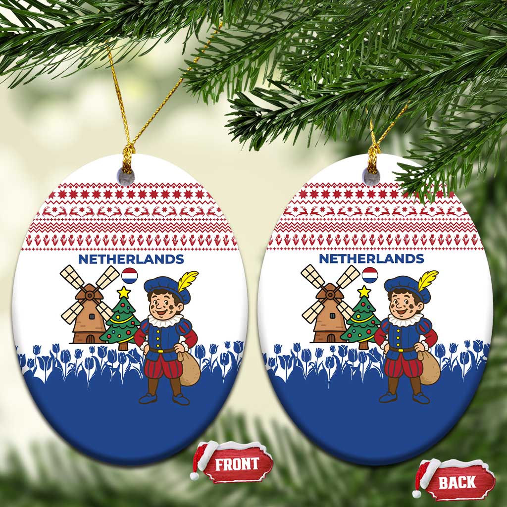 Netherlands Christmas Ceramic Ornament with Christmas Tree Windmill Piet Character and Tulip Pattern - Wonder Print Shop