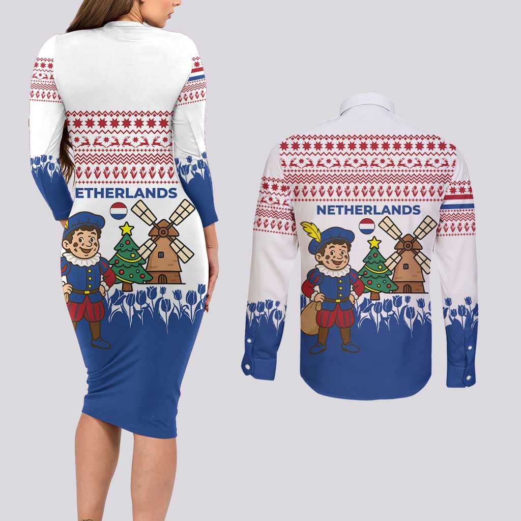 Netherlands Christmas Couples Matching Long Sleeve Bodycon Dress and Long Sleeve Button Shirt with Christmas Tree Windmill Piet Character and Tulip Pattern - Wonder Print Shop