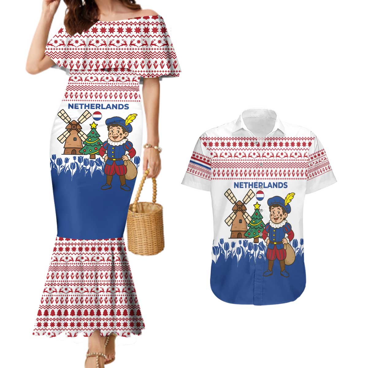 Netherlands Christmas Couples Matching Mermaid Dress and Hawaiian Shirt with Christmas Tree Windmill Piet Character and Tulip Pattern - Wonder Print Shop