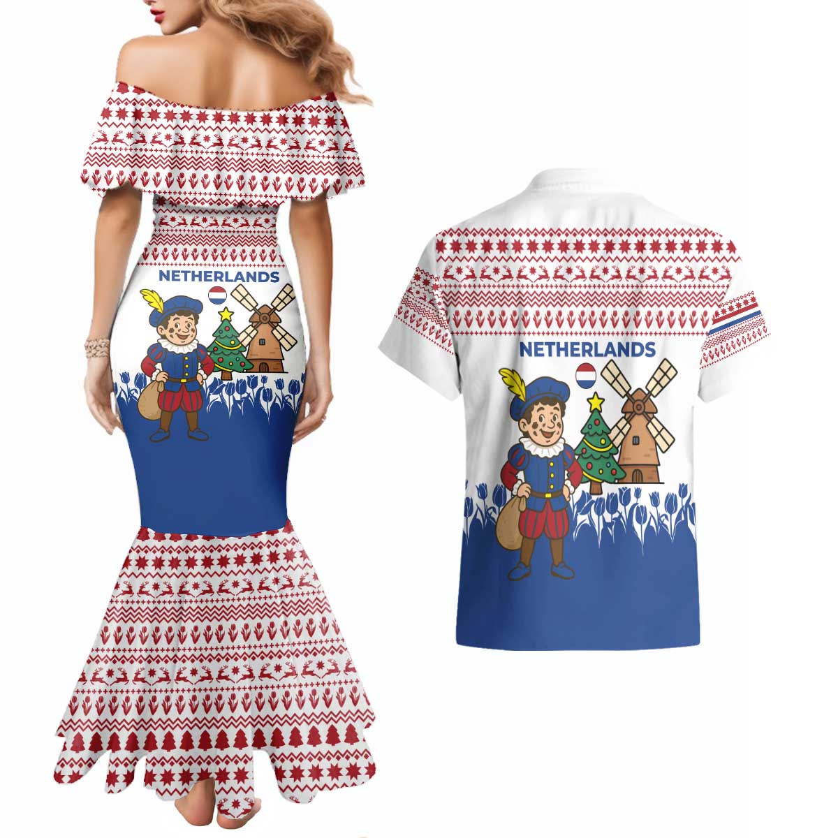 Netherlands Christmas Couples Matching Mermaid Dress and Hawaiian Shirt with Christmas Tree Windmill Piet Character and Tulip Pattern - Wonder Print Shop