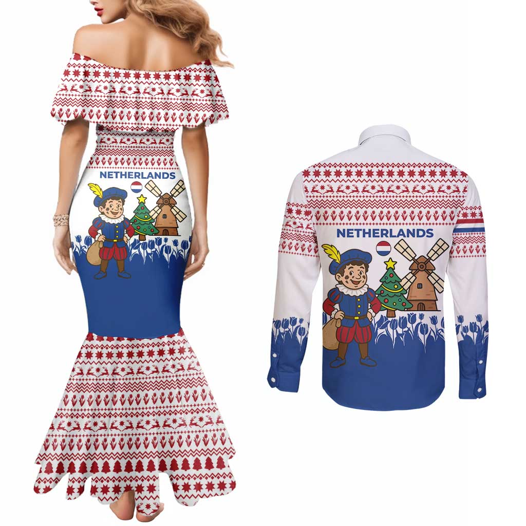 Netherlands Christmas Couples Matching Mermaid Dress and Long Sleeve Button Shirt with Christmas Tree Windmill Piet Character and Tulip Pattern - Wonder Print Shop