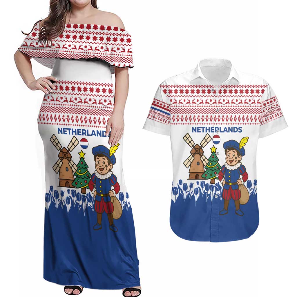 Netherlands Christmas Couples Matching Off Shoulder Maxi Dress and Hawaiian Shirt with Christmas Tree Windmill Piet Character and Tulip Pattern - Wonder Print Shop