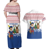 Netherlands Christmas Couples Matching Off Shoulder Maxi Dress and Hawaiian Shirt with Christmas Tree Windmill Piet Character and Tulip Pattern - Wonder Print Shop