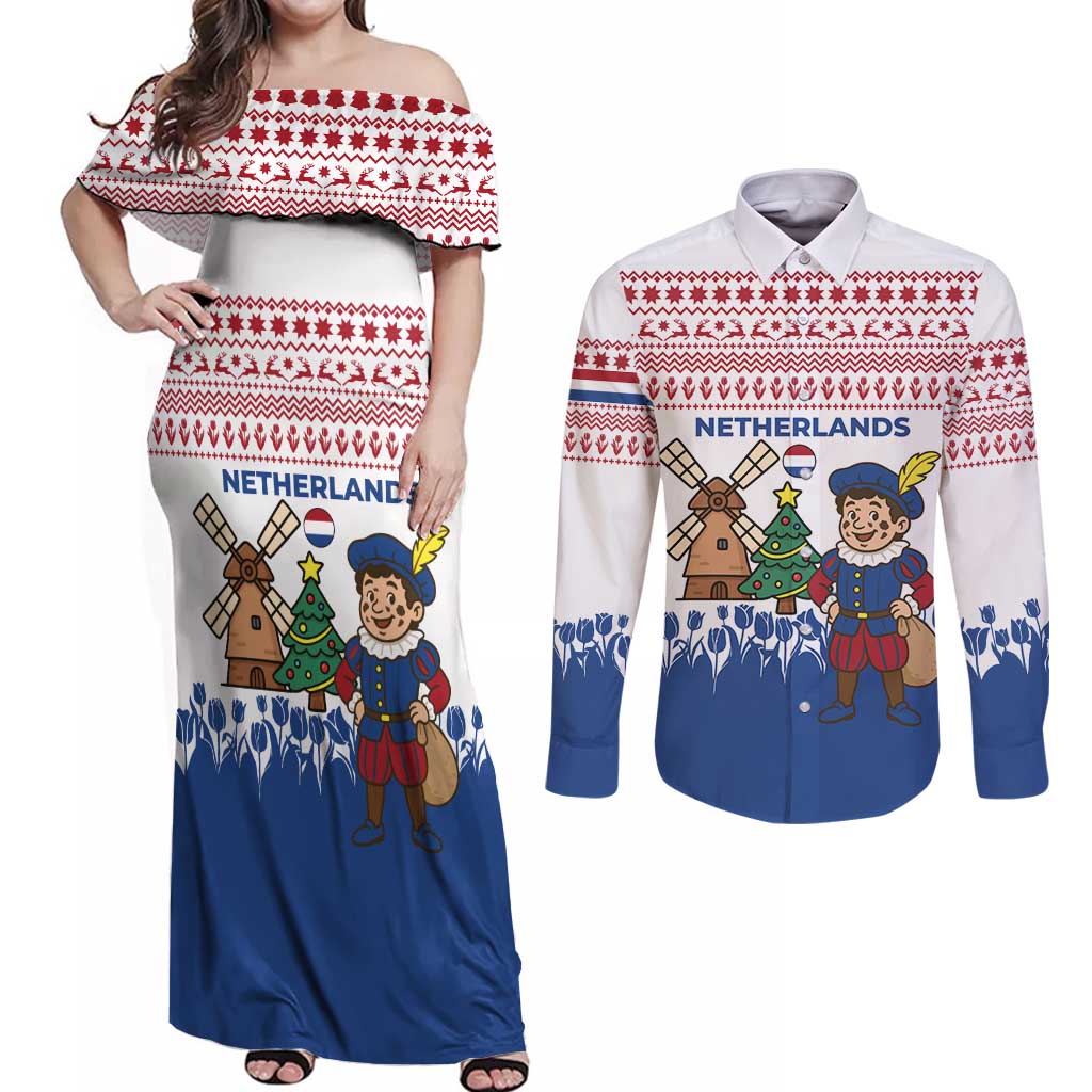 Netherlands Christmas Couples Matching Off Shoulder Maxi Dress and Long Sleeve Button Shirt with Christmas Tree Windmill Piet Character and Tulip Pattern - Wonder Print Shop