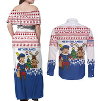 Netherlands Christmas Couples Matching Off Shoulder Maxi Dress and Long Sleeve Button Shirt with Christmas Tree Windmill Piet Character and Tulip Pattern - Wonder Print Shop