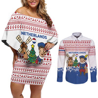 Netherlands Christmas Couples Matching Off Shoulder Short Dress and Long Sleeve Button Shirt with Christmas Tree Windmill Piet Character and Tulip Pattern - Wonder Print Shop