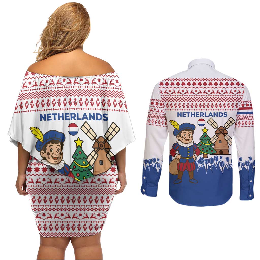 Netherlands Christmas Couples Matching Off Shoulder Short Dress and Long Sleeve Button Shirt with Christmas Tree Windmill Piet Character and Tulip Pattern - Wonder Print Shop