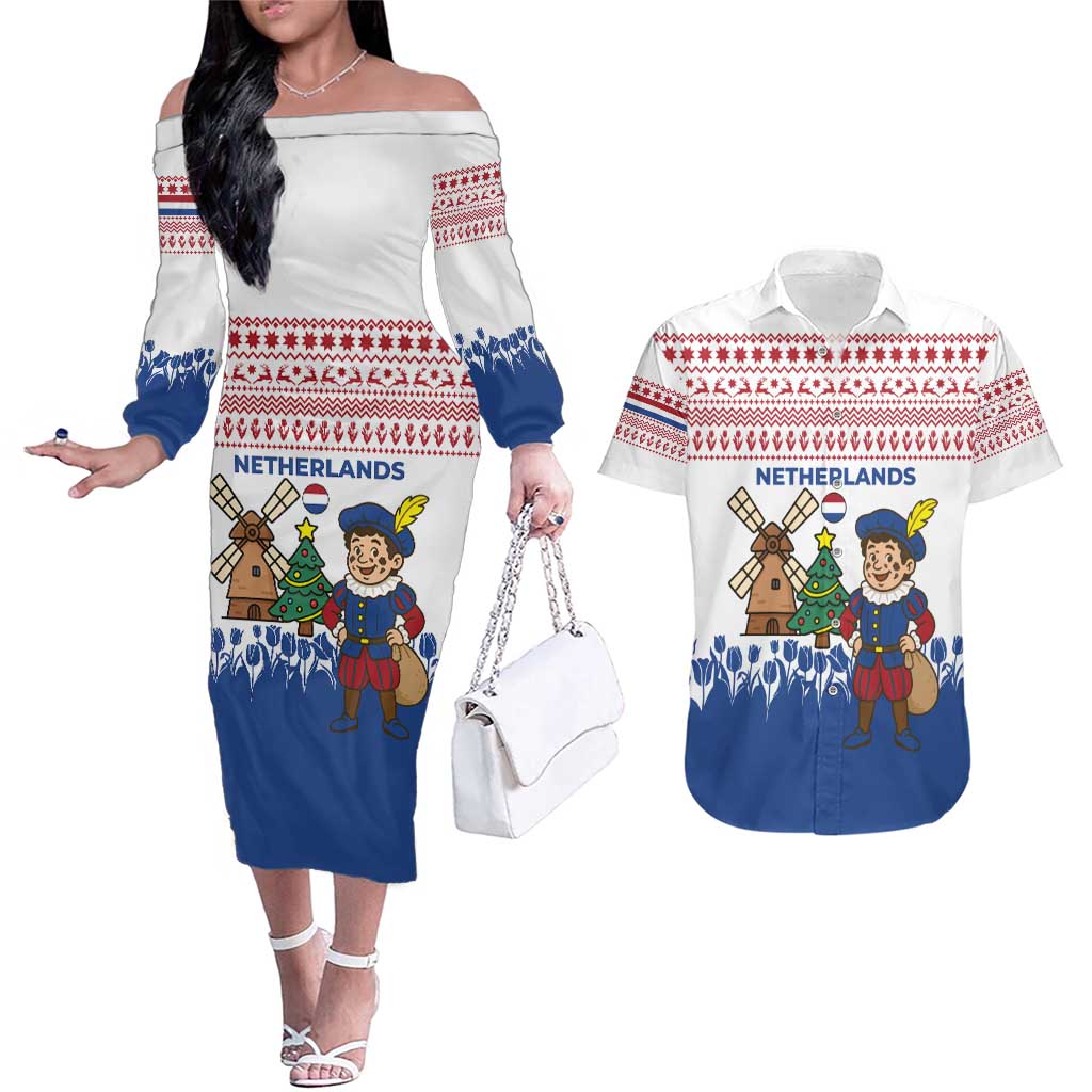 Netherlands Christmas Couples Matching Off The Shoulder Long Sleeve Dress and Hawaiian Shirt with Christmas Tree Windmill Piet Character and Tulip Pattern - Wonder Print Shop