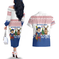 Netherlands Christmas Couples Matching Off The Shoulder Long Sleeve Dress and Hawaiian Shirt with Christmas Tree Windmill Piet Character and Tulip Pattern - Wonder Print Shop