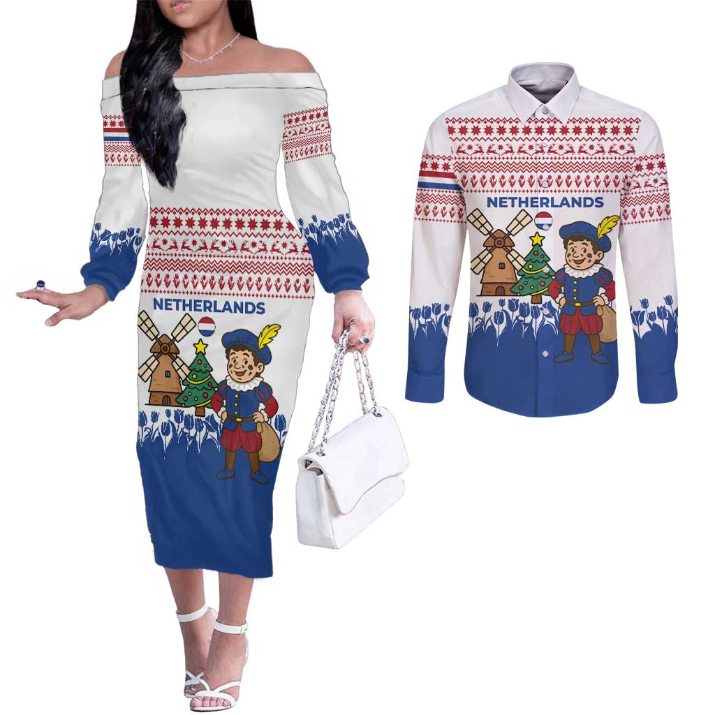 Netherlands Christmas Couples Matching Off The Shoulder Long Sleeve Dress and Long Sleeve Button Shirt with Christmas Tree Windmill Piet Character and Tulip Pattern - Wonder Print Shop